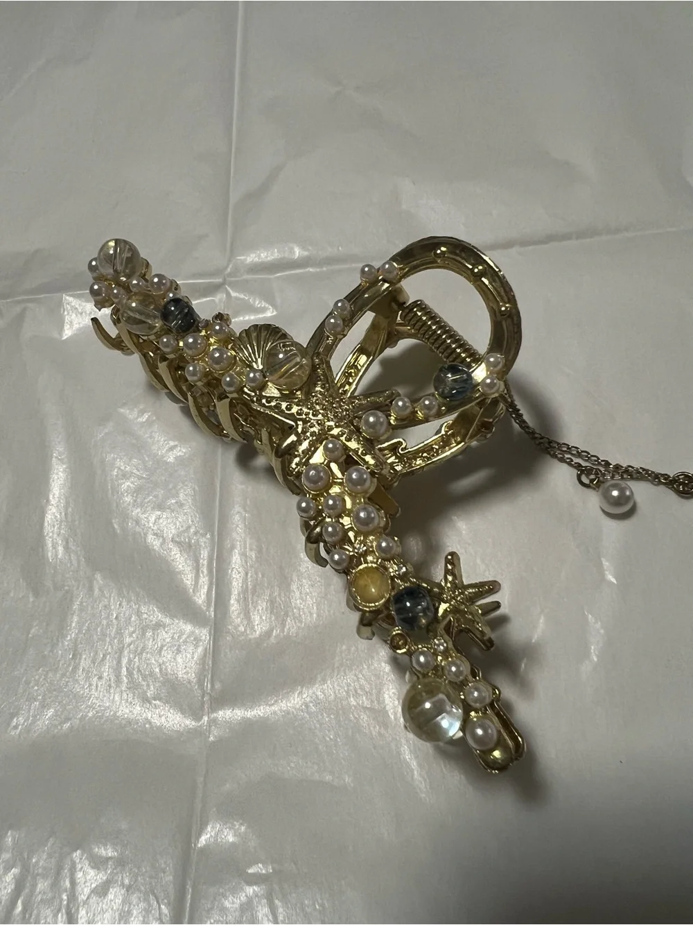 Gold Pearl Starfish Drop Hair Claw Clip - Women Hair Accessories